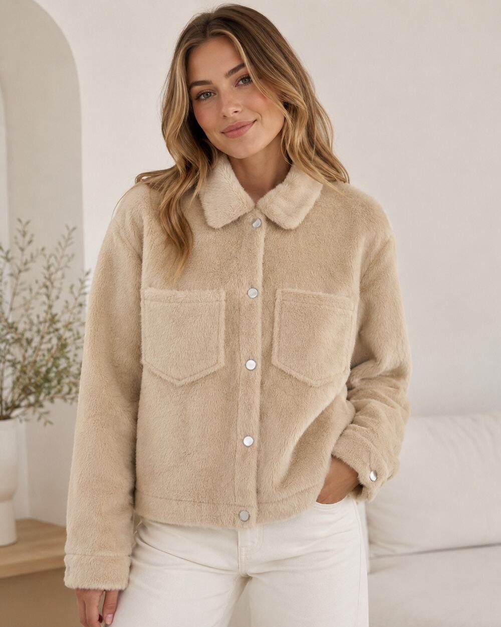 Bagatelle Collection Faux Fur Teddy Trucker Jacket Cozy Beige NWT XL